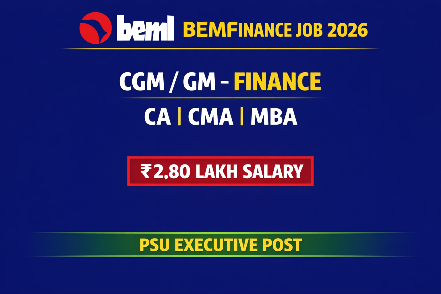 BEML Recruitment 2026 – Chief General Manager & General Manager (Finance) | PSU Job | Salary Up to ₹2.80 Lakh