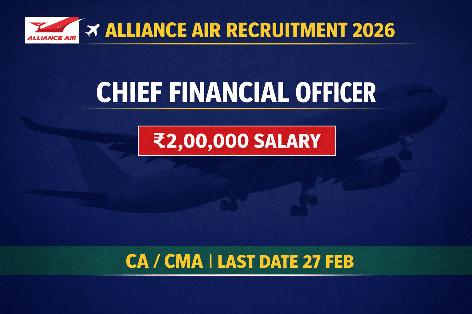 Alliance Air Recruitment 2026 – Chief Financial Officer (CFO) Vacancy | CA/CMA | ₹2 Lakh Salary | Apply Before 27 Feb