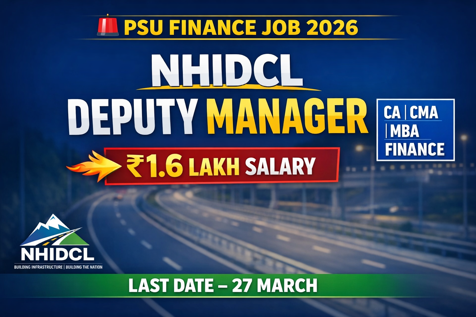 NHIDCL Recruitment 2026 Deputy Manager Finance Vacancy | CA CMA Govt Job PSU Opportunity