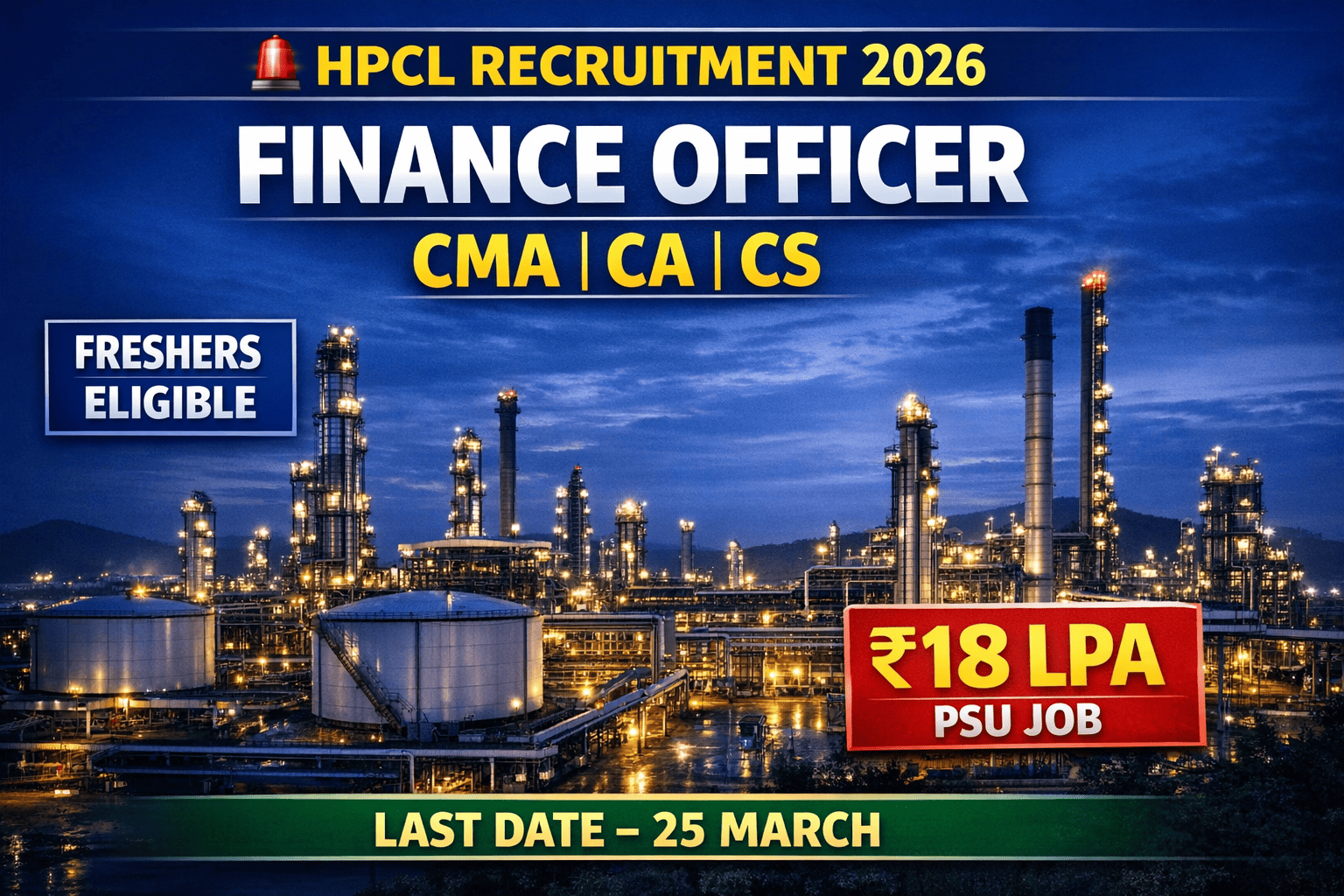 HPCL Recruitment 2026 Finance Vacancy | CMA CA CS Freshers Eligible | Salary, Dates, Apply Process