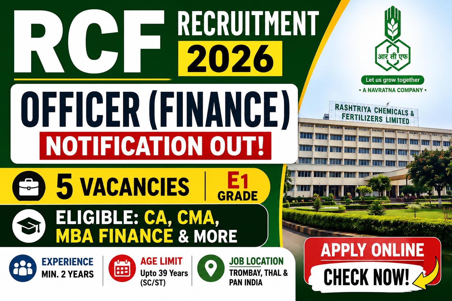 RCF Recruitment 2026 Notification Out for Officer (Finance) | CA, CMA, MBA Finance | Apply Online