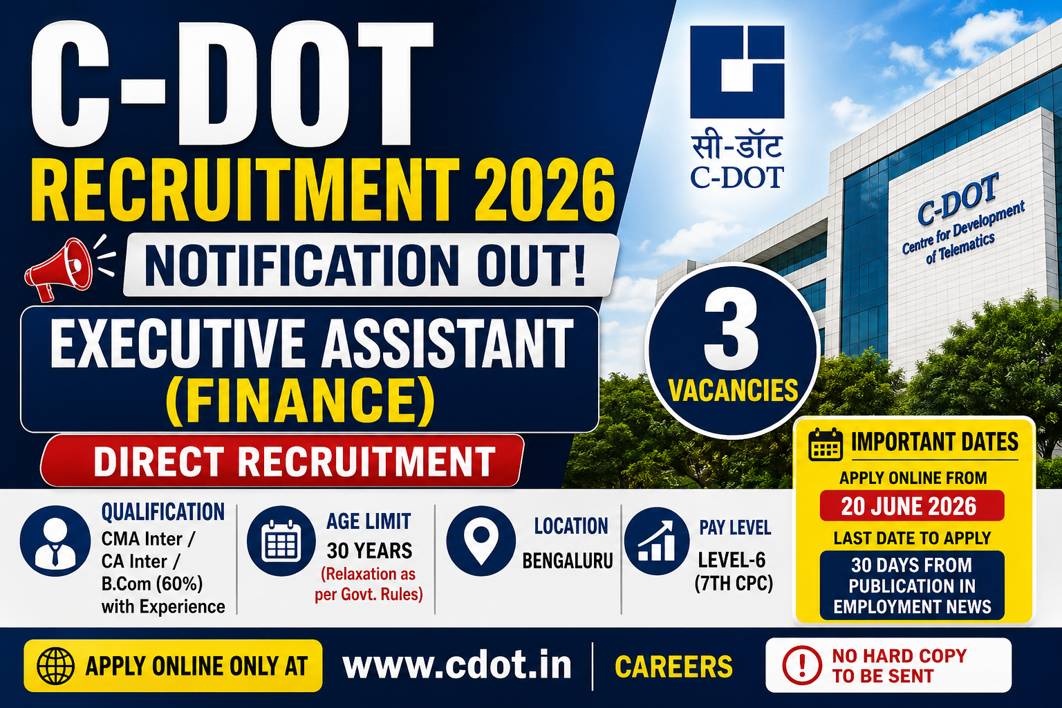 C-DOT Recruitment 2026 Notification Out | Executive Assistant (Finance) | CMA Inter, CA Inter & B.Com Jobs