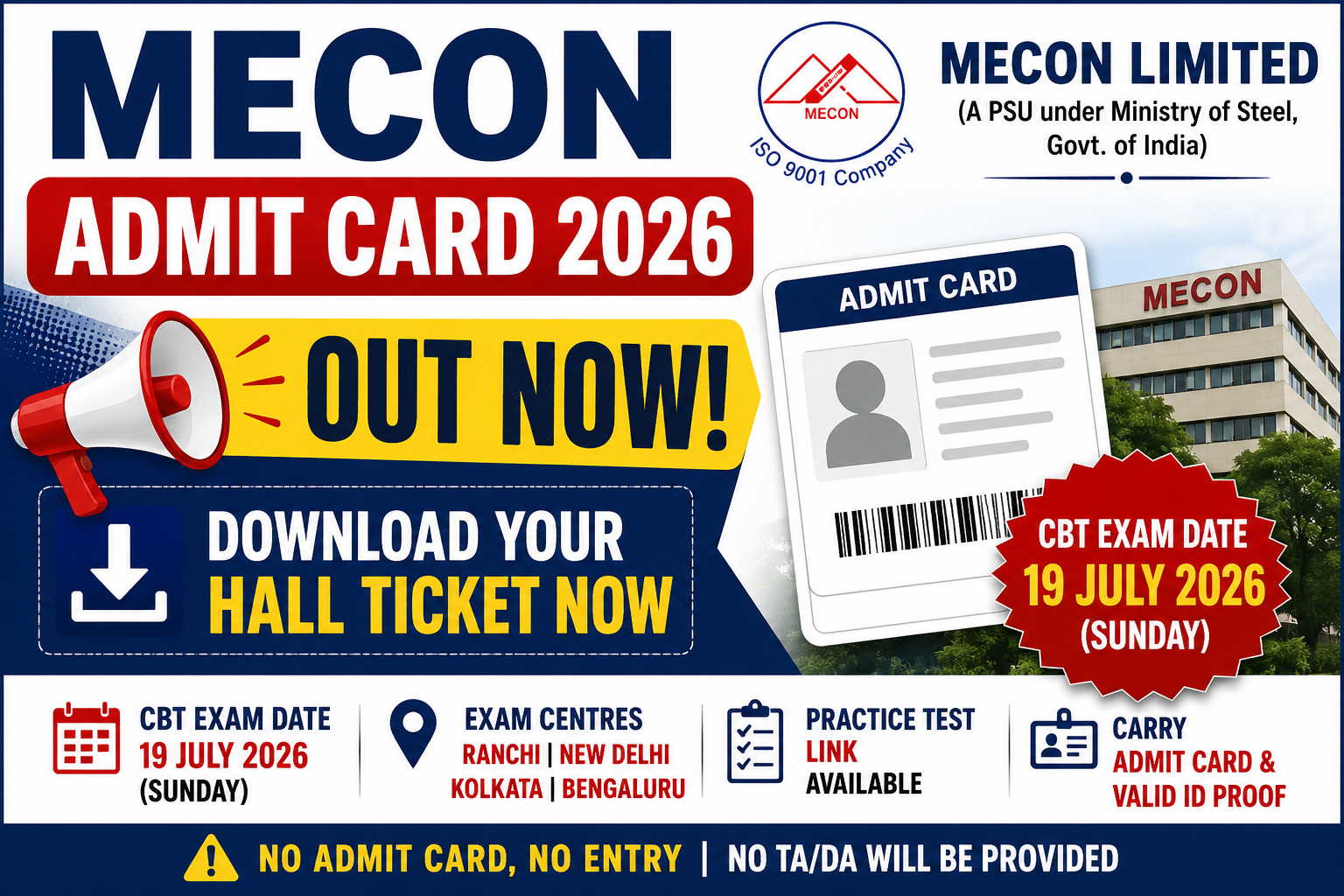 MECON Admit Card 2026 Out | Non-Executive CBT Hall Ticket Download, Exam Date 19 July