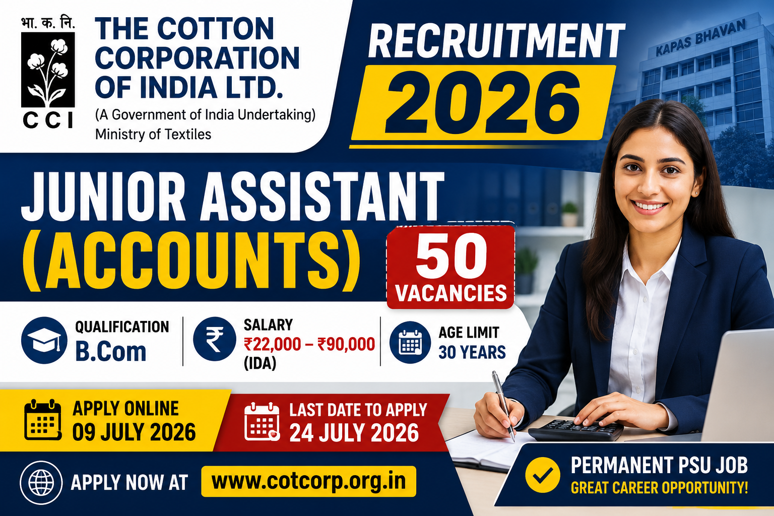 CCI Junior Assistant (Accounts) Recruitment 2026: 50 B.Com Vacancies, Salary ₹22,000–90,000 | Apply Online