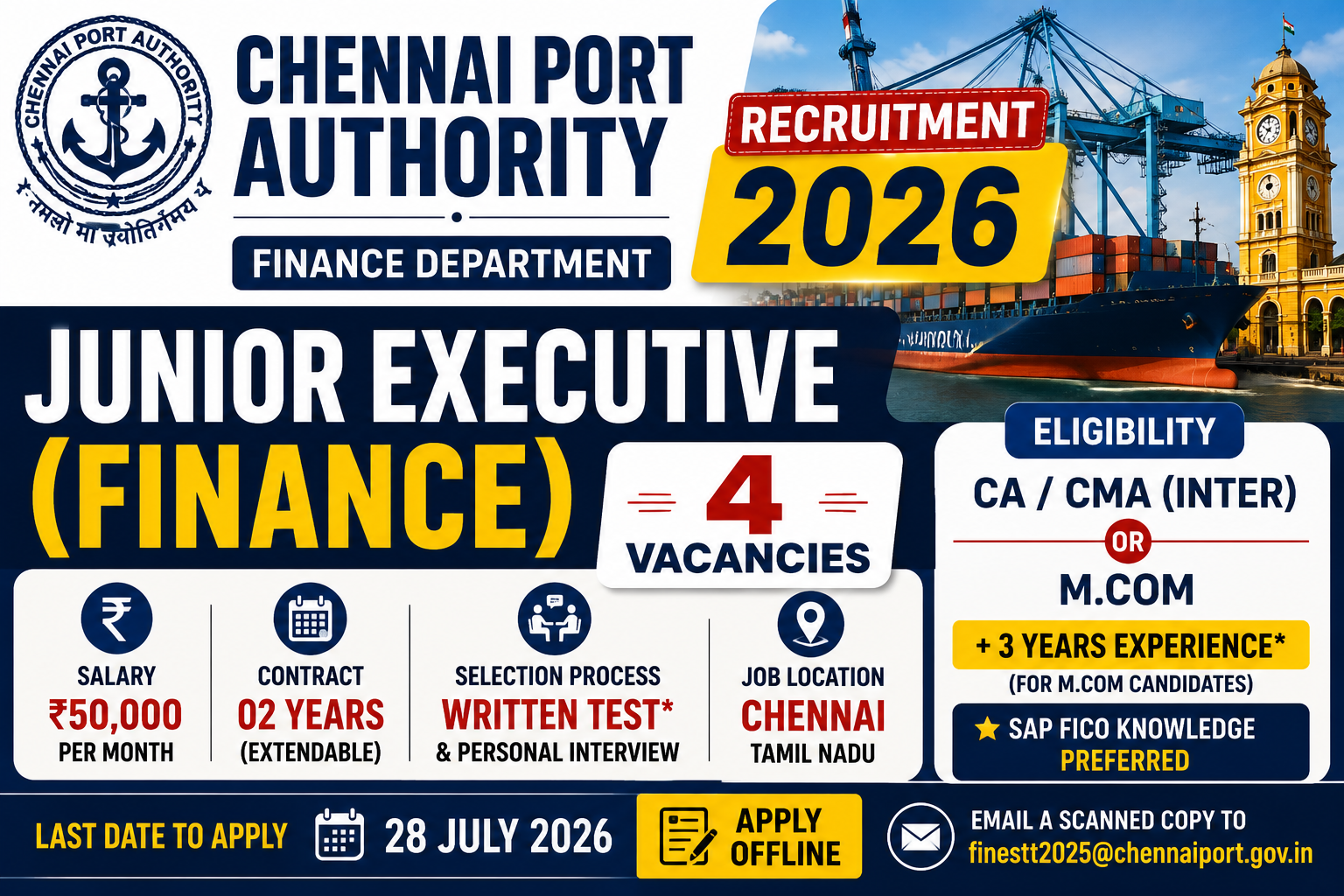 Chennai Port Authority Junior Executive (Finance) Recruitment 2026: 4 Vacancies for CA/CMA Inter & M.Com | ₹50,000 Salary