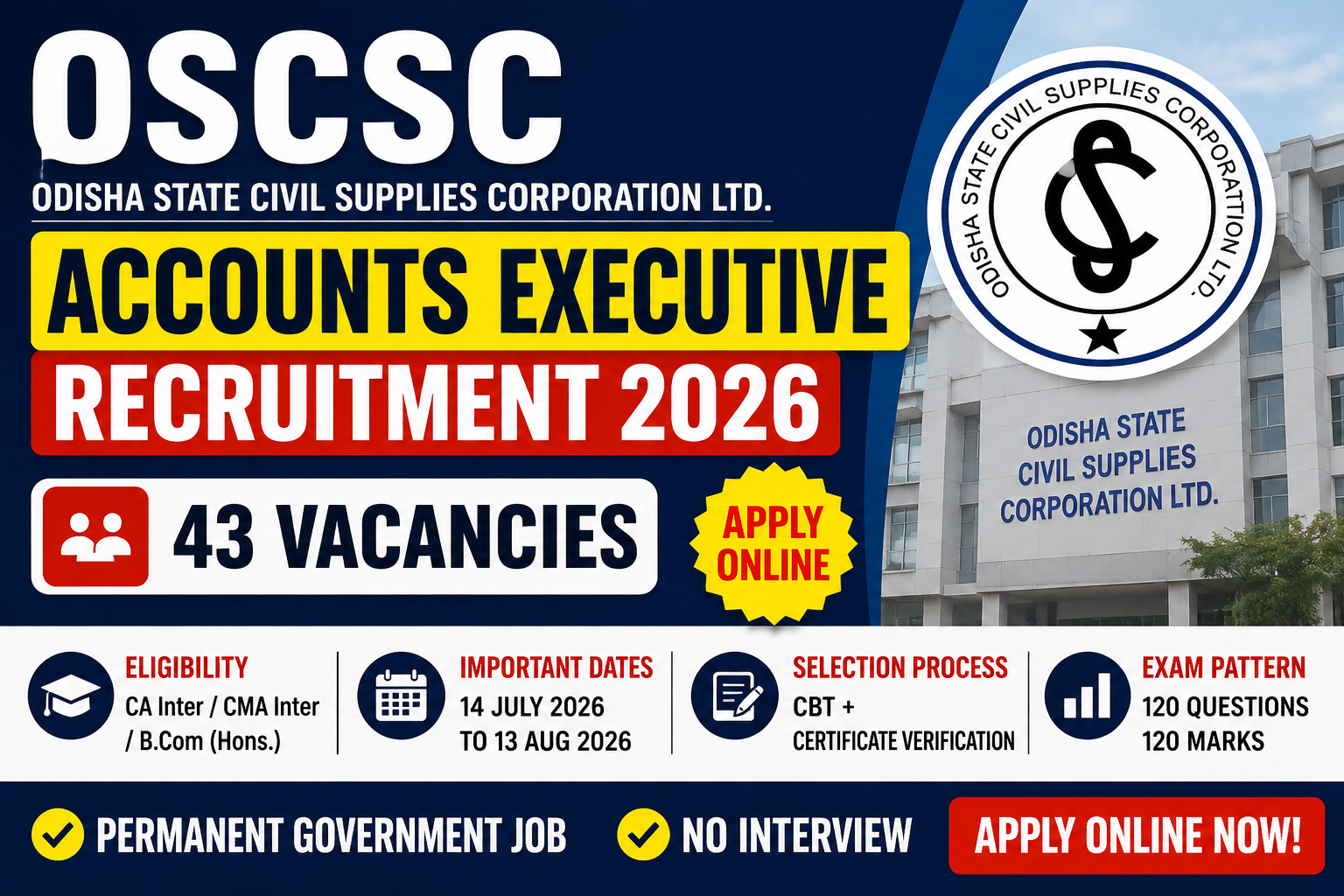 OSCSC Recruitment 2026 for Accounts Executive | CA Inter, CMA Inter, B.Com