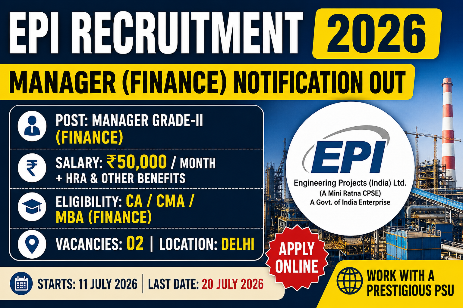 EPI Recruitment 2026 Manager Finance Notification Out | CA, CMA, MBA Finance Jobs | Apply Online