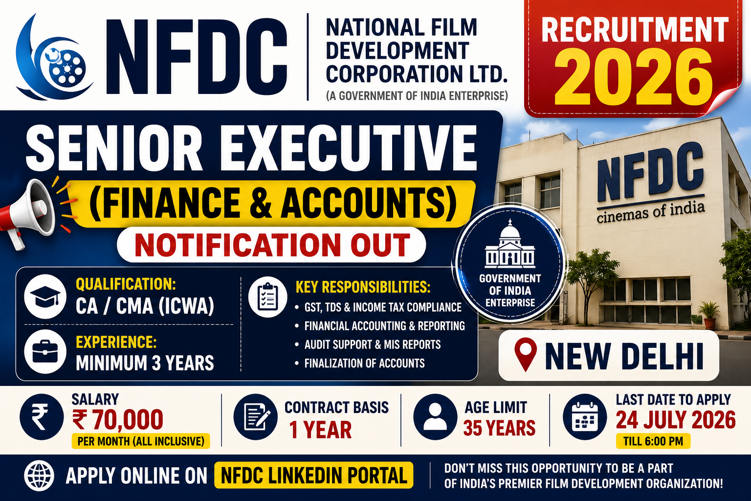 NFDC Recruitment 2026 Notification Out | Senior Executive Finance & Accounts | CA, CMA Government Jobs