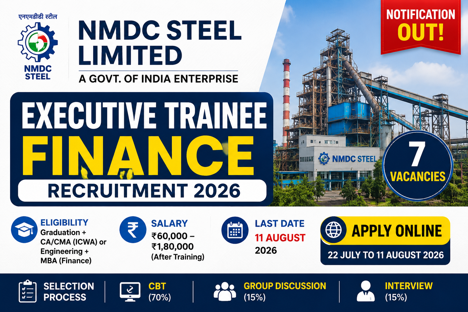 NMDC Steel Executive Trainee Finance Recruitment 2026: Notification, Eligibility, Salary & Apply Online