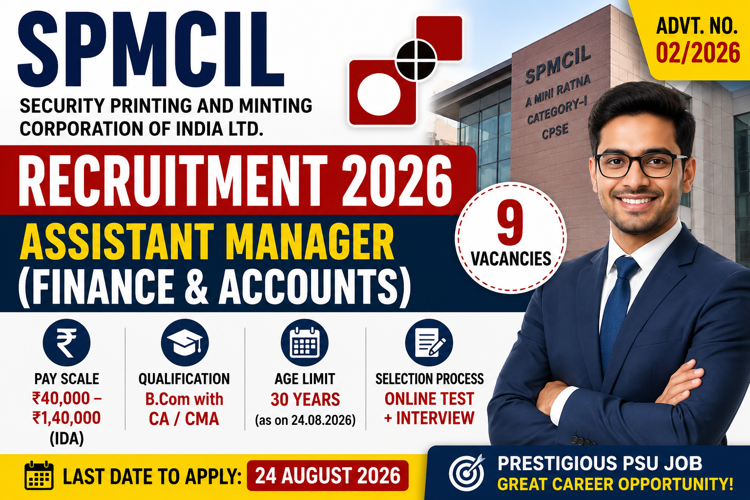 SPMCIL Assistant Manager Finance Recruitment 2026 Notification Out | 9 Vacancies | Apply Online