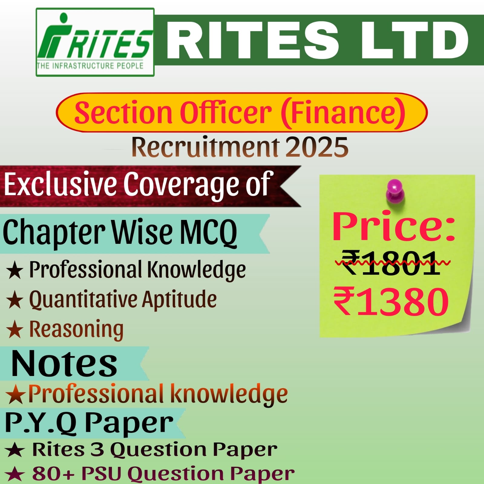 Rites Ltd Section officer (Finance) MCQ, Notes and PSU Previous Year Question Paper (ebook) Exam 2025