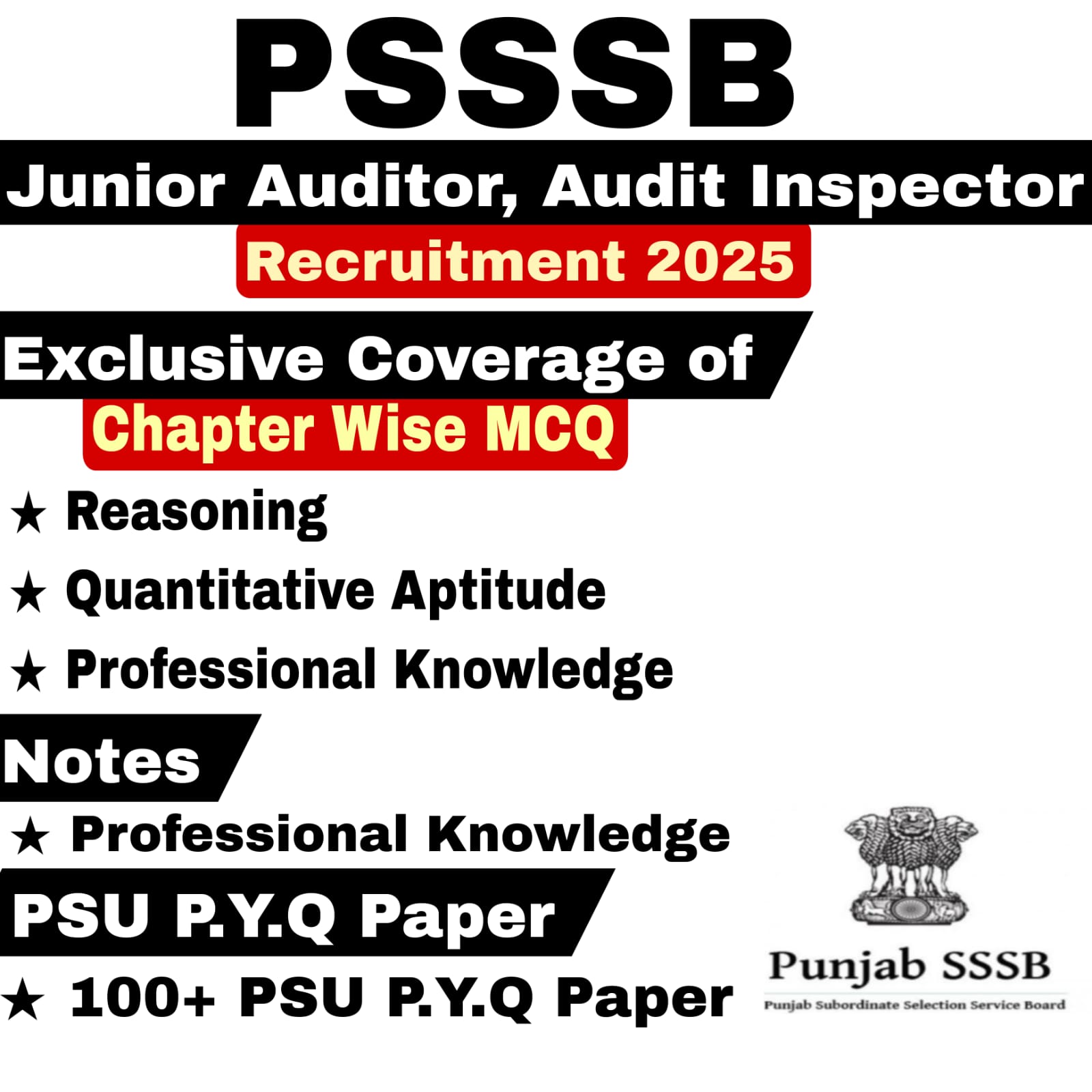 PSSSB Junior Auditor and Audit Inspector Chapter wise MCQ, Notes & PSU Previous year Question Paper (e-book) 2025