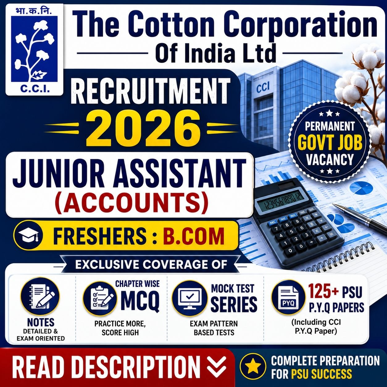 CCI Junior Assistant (Accounts) 2026 Course | Notes, MCQs, Mock Tests & 120+ PYQs