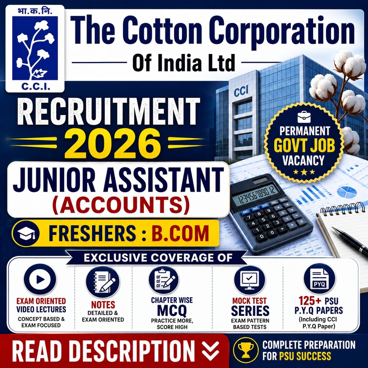 CCI Junior Assistant (Accounts) 2026 Complete Course | Video Lectures, Notes, MCQs, Mock Tests & 120+ PYQs