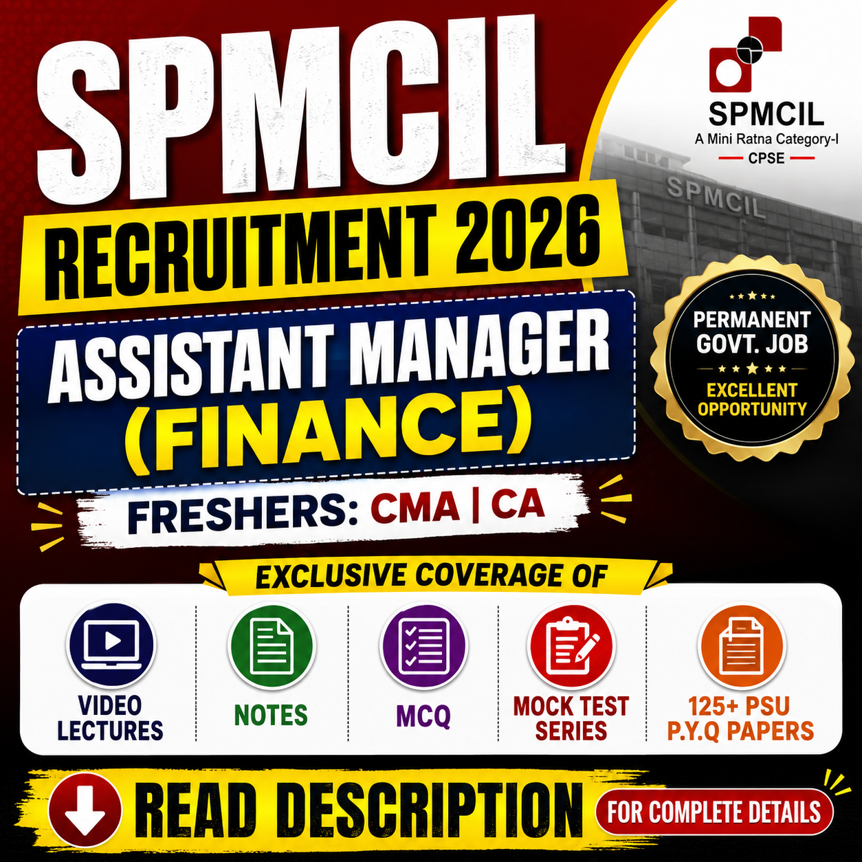 SPMCIL Assistant Manager Finance Video Lectures, Chapter Wise MCQ, Notes, Mock Test & PSU Previous Year Question Paper (e-book) 2026